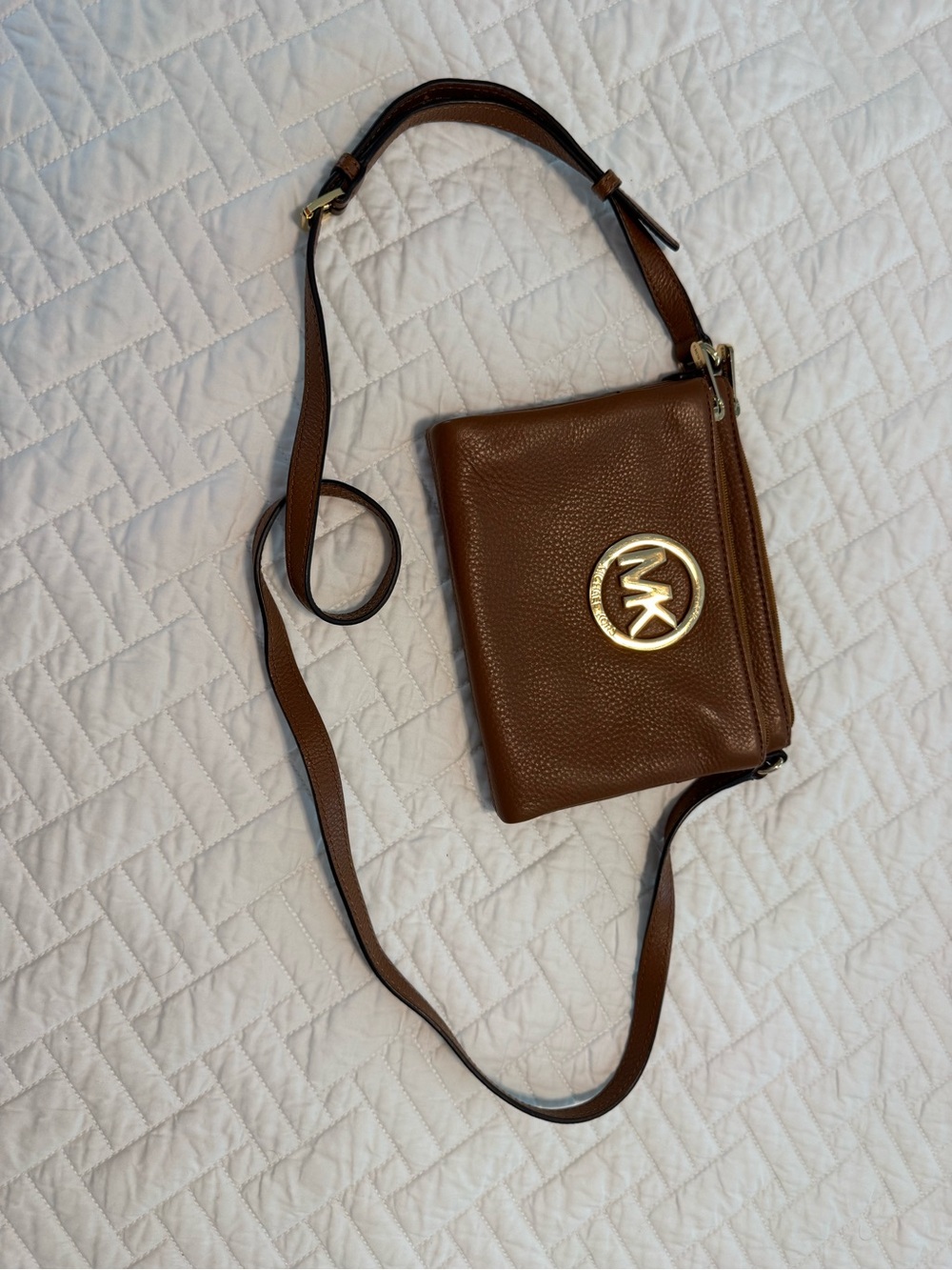Michael Kors Brown Pebbled Leather MK Logo Messenger